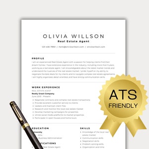 May include: A resume for a real estate agent named Olivia Willson. The resume is formatted with a black and white color scheme and includes a gold star with the text "ATS Friendly".