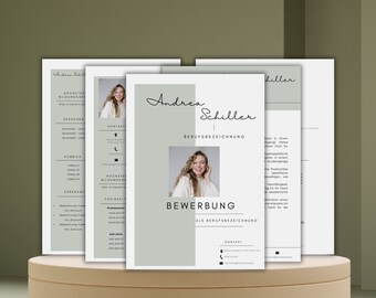 May include: A resume template with a photo of a woman and the text "Andrea Schiller" and "Bewerbung" in black text on a light gray background.