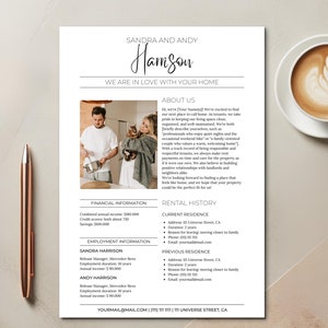 Alquiler currículum solicitud de inquilino apartamento mascotas plantilla de currículum carta de presentación bienes raíces pareja soltero gato perro canva nosotros carta A4 editable