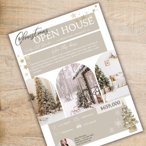 Modèle immobilier de Noël Flyer portes ouvertes Vente aux enchères Exposez le vendeur de maison moderne Canva Home Fiche technique acheteur agent immobilier modifiable