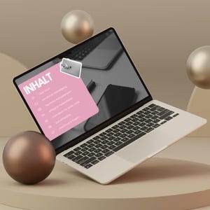 May include: A silver laptop computer with a pink and white screen displaying the word "INHALT" with a list of numbered items. The laptop is floating above a beige circular platform with a brown sphere to the left and a beige sphere to the right.