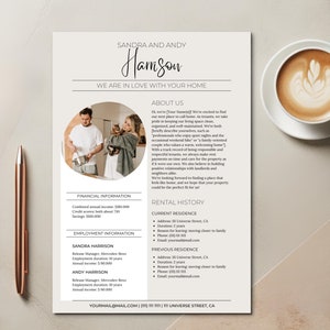 Alquiler currículum solicitud de inquilino apartamento mascotas plantilla de currículum carta de presentación bienes raíces pareja soltero gato perro canva nosotros carta A4 editable