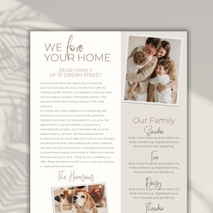 Plantilla de carta de comprador de vivienda Carta de oferta de comprador familia moderna boho beige Pareja Perro Plantilla de comprador de casa currículum de bienes raíces Canva editable diy