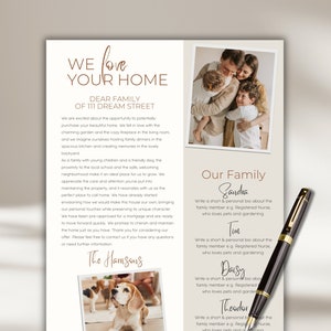 Plantilla de carta de comprador de vivienda Carta de oferta de comprador familia moderna boho beige Pareja Perro Plantilla de comprador de casa currículum de bienes raíces Canva editable diy