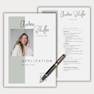 May include: A professional resume and application template featuring the name "Andrea Schiller" and the title "Esthetician." The design includes a photo, a section for work experience, and a pen. The color scheme is primarily white, gray, and black.