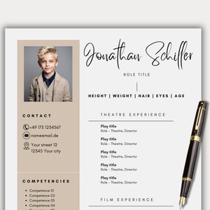 Plantilla de currículum de actor infantil foto boho Canva modelo infantil solicitud de actor actriz beige currículum plantilla de foto de cabeza carta de presentación profesional