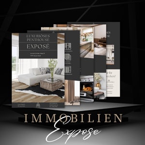 Könnte beinhalten: Eine schwarz-weiße Broschüre mit dem Text "Luxurious Penthouse Exposé" und einem Foto eines modernen Wohnzimmers mit einem weißen Sofa, einem Couchtisch und einem schwarz-weißen Kuhfellteppich. Die Broschüre enthält auch den Text "Immobilien Exposé".