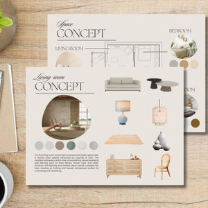 Plantilla de presentación de diseño de interiores, tablero de estado de ánimo conceptual de acabados FFE, plantilla de Canva para muebles, calendario de instalaciones, tablero de materiales, lista de precios