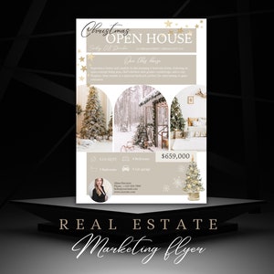 Modèle immobilier de Noël Flyer portes ouvertes Vente aux enchères Exposez le vendeur de maison moderne Canva Home Fiche technique acheteur agent immobilier modifiable
