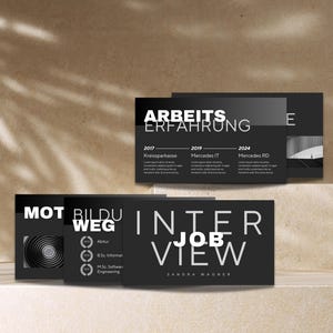 May include: Black and white presentation slides with the text "MOT", "BILDU WEG", "INTER JOB VIEW", "SANDRA WAGNER", "ARBEITS ERFAHRUNG", "2017", "Kreissparkasse", "2019", "Mercedes IT", "2024", "Mercedes RD", "Abitur", "B.Sc. Informat", "M.Sc. Softwan Engineering", and "E".