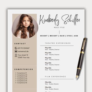 Plantilla de currículum de actor infantil, foto boho, Canva, aplicación de actor modelo infantil, currículum de actriz beige, plantilla de foto de rostro, carta de presentación profesional