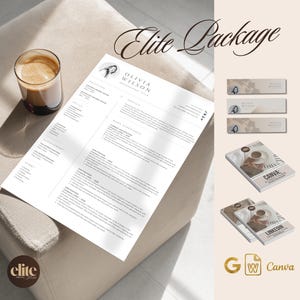 Könnte beinhalten: Ein Paket mit Lebenslaufvorlagen im modernen Design. Das Paket enthält einen Lebenslauf, ein Anschreiben und eine Canva-Vorlage. Die Lebenslaufvorlage zeichnet sich durch ein minimalistisches Design mit einem Schwarz-Weiß-Farbschema aus. Die Anschreibenvorlage hat ein ähnliches Design mit einem Schwarz-Weiß-Farbschema. Die Canva-Vorlage verfügt über ein modernes Design mit einem Schwarz-Weiß-Farbschema. Das Paket ist in den Formaten Google Docs und Word verfügbar.