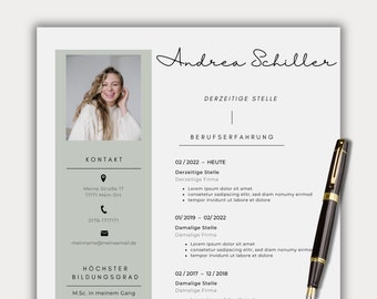 May include: A black and gold fountain pen with a silver clip. The pen is on a white background with a resume in German.