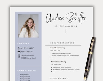 May include: A resume template with a photo of a woman, contact information, a list of skills, and a section for work experience. The text on the resume is in German.