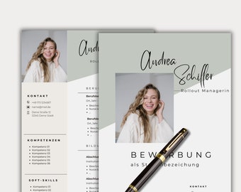 May include: A resume template with a light green background and a photo of a woman smiling. The text on the resume includes "Andrea Schiffer", "Rollout Managerin", "Kontakt", "Kompetenzen", "Soft-Skills", "Beruf", "Bildung", and "Bewerbung".