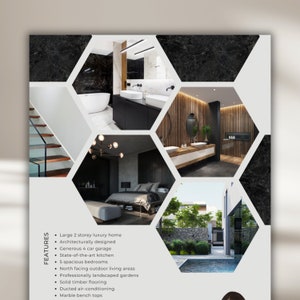 Modèle immobilier Open House Flyer Annonce d'enchères vendeur de maison moderne Canva Home Fiche technique acheteur agent immobilier modifiable