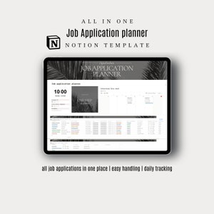 May include: A digital tablet displaying a job application planner Notion template. The screen shows a calendar, interview schedule, and application tracking. Text includes "Job Application planner," "Notion Template," and "All in One."