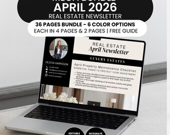 April 2026 Real Estate Newsletter Bundle Realtor Marketing Monthly Real Estate Listing Canva Editable Template Minimal House buyer update