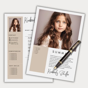 Plantilla de currículum de actor infantil foto boho Canva modelo infantil solicitud de actor actriz beige currículum plantilla de foto de cabeza carta de presentación profesional