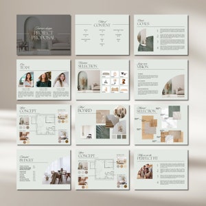 Plantilla de presentación de diseño de interiores, concepto Boho Mint, plantilla de tablero de estado de ánimo para diseñadores de interiores, Canva, proyecto inmobiliario, cliente digital