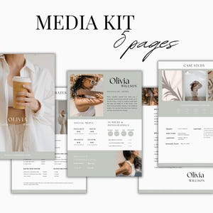 May include: A media kit for an influencer named Olivia Willson. The kit includes information about her social media presence, demographics, rates, and a case study. The kit is designed with a minimalist aesthetic, featuring a light green background and white text.