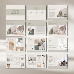 Könnte beinhalten: Ein Projektvorschlag für Innenarchitektur-Dienstleistungen. Der Vorschlag umfasst ein Inhaltsverzeichnis, Projektinspiration, Ziele, Materialauswahl, Moodboard, Grundriss, Konzeptentwürfe und ein Budget. Die Designästhetik ist modern und minimalistisch mit einer neutralen Farbpalette.