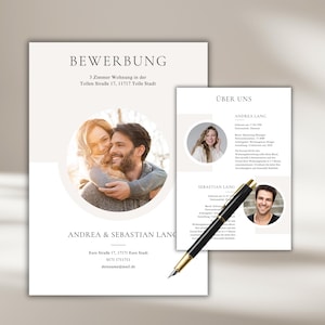 May include: A professional resume and cover letter set. The main document features a photo of a couple, with the names "Andrea & Sebastian Lang" below. The smaller document includes the text "Über Uns" and personal details.