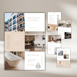 Könnte beinhalten: Eine Broschüre für eine luxuriöse Immobilienentwicklung mit einem modernen Apartmenthaus, einem geräumigen Wohnzimmer mit einem großen Sofa und Esstisch sowie einem luxuriösen Badezimmer mit einer freistehenden Badewanne. Die Broschüre enthält den Text "Expose", "Luxuriöse 3-Zimmer-Wohnung", "Willkommen in Ihrer neuen Residenz" und "Luxus-Immobilien".