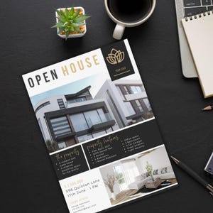 Modèle immobilier Open House Flyer Annonce d'enchères vendeur de maison moderne Canva Home Fiche technique acheteur agent immobilier modifiable
