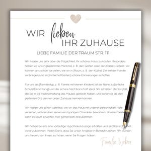 Plantilla de carta de comprador de vivienda Carta de oferta de comprador familia moderna boho beige Pareja Perro Plantilla de comprador de casa currículum de bienes raíces Canva editable diy