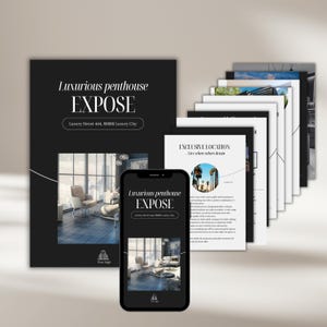May include: A black and white brochure with the text "Luxurious penthouse EXPOSE" and "Luxury Street 444, 88888 Luxury City". The brochure is advertising a penthouse apartment with a modern interior design. The brochure also includes a photo of the penthouse apartment.