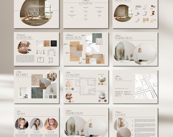 Peut inclure: Une proposition de projet pour des services de design d'intérieur. La proposition comprend une table des matières, une sélection de meubles, une sélection de matériaux, un concept d'espace, un plan d'étage, des images d'inspiration et des informations sur l'équipe.