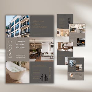 Könnte beinhalten: Eine Immobilienbroschüre im modernen Design. Die Broschüre zeigt Fotos eines luxuriösen Apartmenthauses, eines Wohnzimmers, eines Badezimmers und einer Küche. Der Text auf der Broschüre lautet "Willkommen in Ihrem neuen Zuhause" und "Luxuriöse 3-Zimmer-Wohnung".