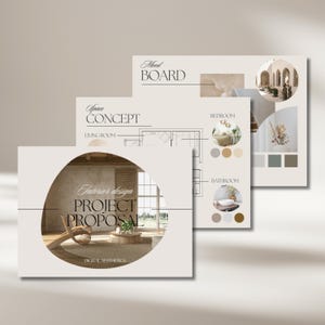 Könnte beinhalten: Dreiseitiger Innenarchitektur-Projektvorschlag. Die Seiten zeigen ein Moodboard, ein Raumkonzept und Raumdesign-Ideen mit Farbpaletten und architektonischen Zeichnungen. Der Text enthält "Interior design PROJECT PROPOSAL".