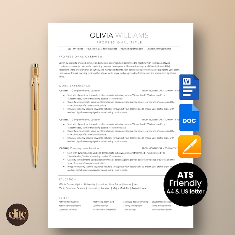 ATS Friendly Resume Template Word Cover Letter Google Docs Instant ...