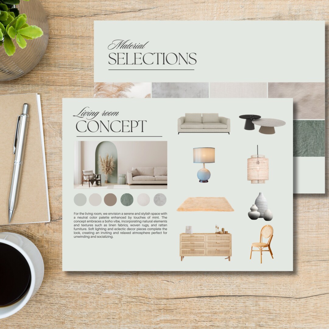 Interior Design Presentation Template Boho Mint Concept Mood Board ...