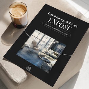 May include: Black and white brochure with a photo of a modern living room with large windows, a white couch, and a white chair. The text on the brochure reads "Luxurious penthouse EXPOSE Luxury Street 444 88888 Luxury City".