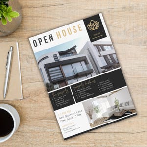 Modèle immobilier Open House Flyer Annonce d'enchères vendeur de maison moderne Canva Home Fiche technique acheteur agent immobilier modifiable