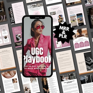 May include: A pink and white digital marketing playbook with the title "UGC Playbook" and the text "Your 30-Day Success Plan to Make Money Online". The playbook is displayed on a smartphone screen surrounded by other pages of the playbook.
