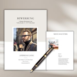 May include: A professional resume and a pet information sheet are displayed, with a pen in the foreground. The resume includes a photo of a man and the text "BEWERBUNG" and "ANDREAS LANG". The pet sheet has a photo of a cat and the text "MEIN HAUSTIER".