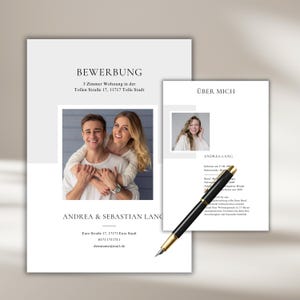 Plantilla de Canva para solicitud de apartamento moderno, pareja, carta de presentación de perfil corto individual, plantilla de solicitud profesional, compra de vivienda, perfil de mascota alemán