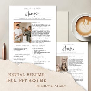 Alquiler currículum solicitud de inquilino apartamento mascotas plantilla de currículum carta de presentación bienes raíces pareja soltero gato perro canva nosotros carta A4 editable