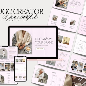 Könnte beinhalten: Ein 12-seitiges Portfolio für einen UGC-Ersteller, das einen Laptop-Bildschirm mit dem Text "Let's elevate your brand" und einen Call-to-Action zum "Book with me" zeigt. Das Portfolio enthält auch Seiten für Testimonials, Video-Portfolio, Preise und Pakete.