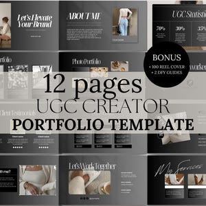 Könnte beinhalten: Eine 12-seitige Portfolio-Vorlage für UGC-Ersteller. Die Vorlage verfügt über ein Schwarz-Weiß-Farbschema mit einem modernen Design. Sie enthält Seiten für einen Über-mich-Bereich, Video- und Fotoportfolios, Kundenreferenzen, warum Sie mit mir arbeiten sollten, Dienstleistungen und arbeiten wir zusammen. Die Vorlage enthält außerdem eine Bonus-Reel-Cover und zwei DIY-Anleitungen.