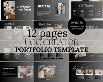 May include: A 12-page portfolio template for UGC creators. The template features a black and white color scheme with a modern design. It includes pages for an about me section, video and photo portfolios, client testimonials, why work with me, services, and let's work together. The template also includes a bonus reel cover and two DIY guides.