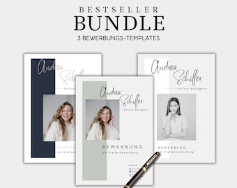 May include: Three resume templates with a woman's photo and the text "BESTSELLER BUNDLE 3 BEWERBUNGS-TEMPLATES" at the top. The templates are in black, white, and gray with the text "BEWERBUNG" and "Andrea Schiller" on each.
