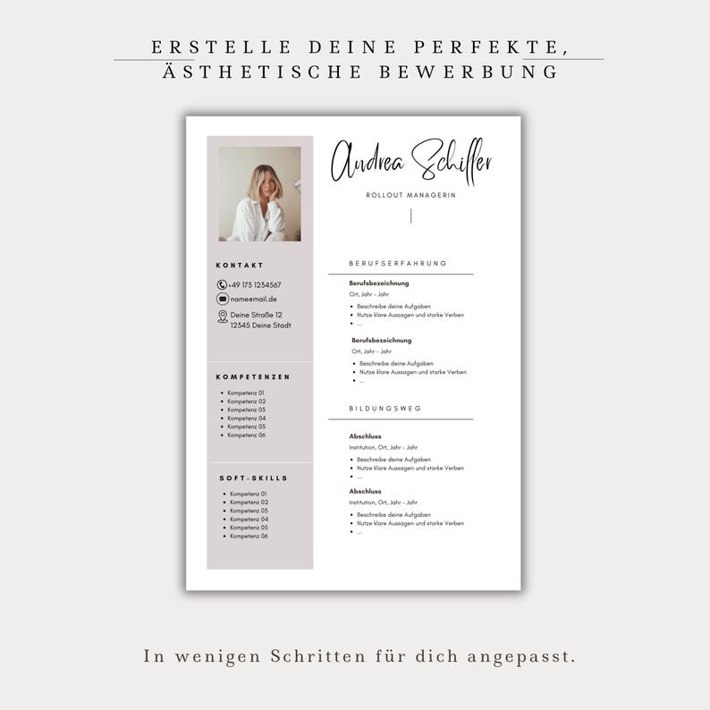 Ansökningsmall för tyskt CV, tabellformat, kreativt personligt brev, modernt försättsblad, yrkesverksamma, student, exempeldesign, Canva bild 2