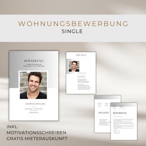 May include: A template for a housing application with the title "Wohnungsbewerbung Single" in gold lettering. The template includes a photo of a man, a section for "Bewerbung", a section for "Über Mich", and a section for "Anlagen".