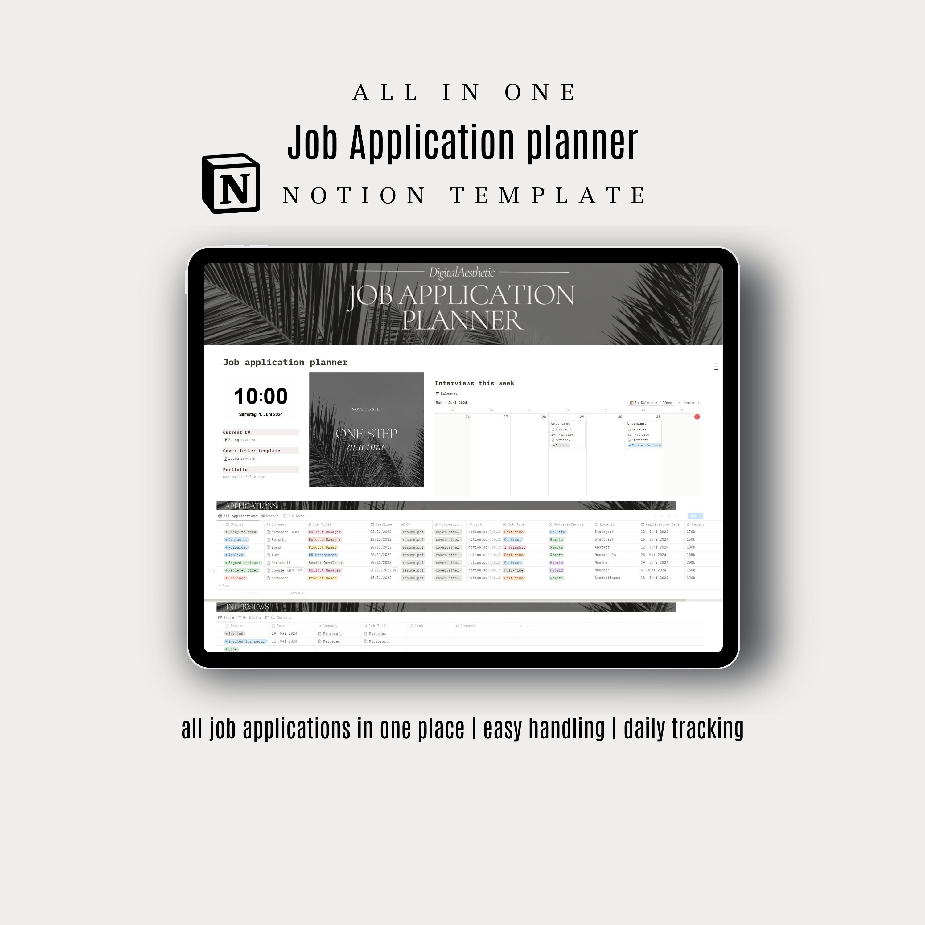 Job Application Tracker Resume Planner Notion Template Job-Planer applicaton template easy dashboard table minimal aesthetic CV interview