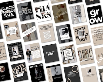 May include: A collection of square social media graphics in black, white, and beige tones. The graphics feature text such as "Black Friday Sale," "10K Followers," and "Open Bookings." Some graphics include images of people and text like "Fun Facts About Me."